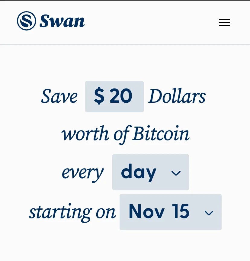 Screenshot of Swan Bitcoin Savings Plan setup